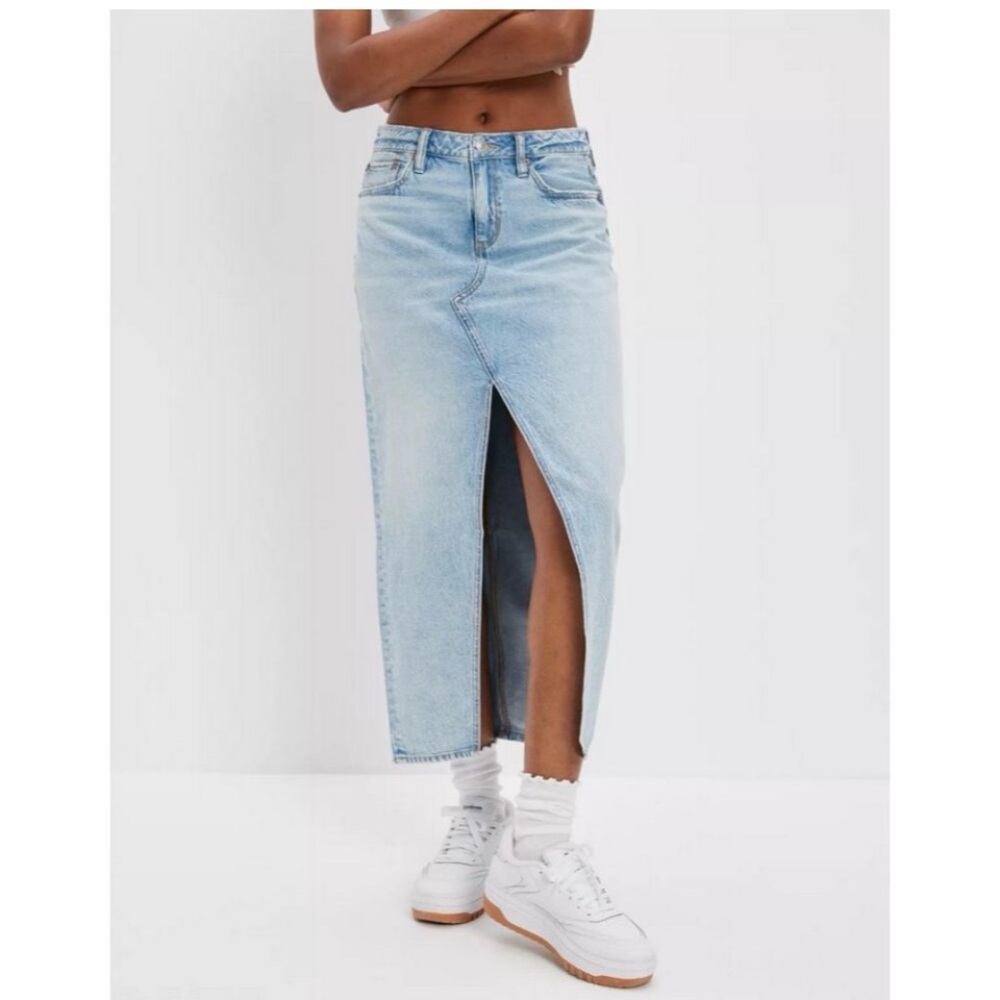 American Eagle Outfitters Light Blue Denim Midi Skirt with Front Slit